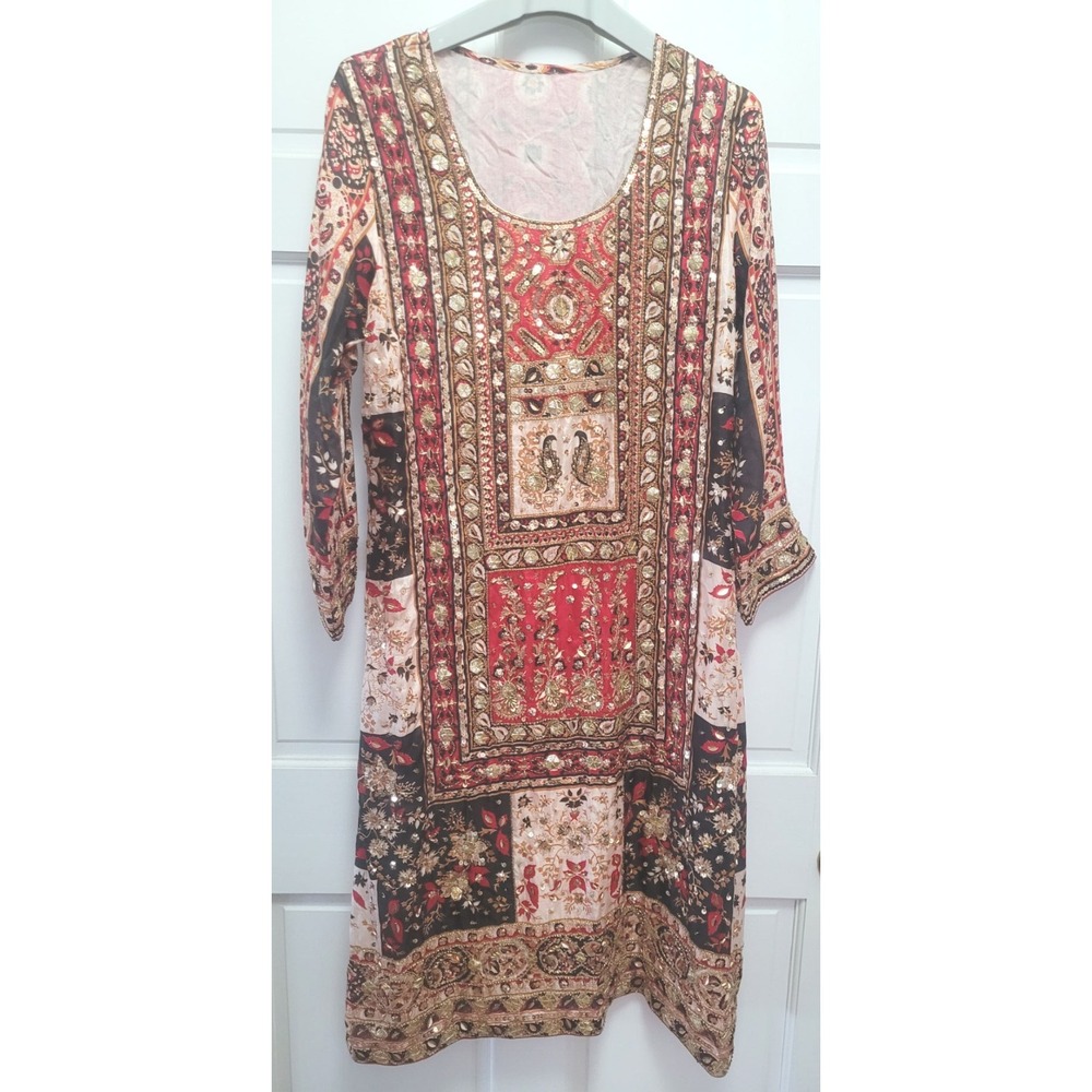 Women's Silk Kurta Salwar Kameez 3pc Set w/ Dupatta - Red Patchwork - Large